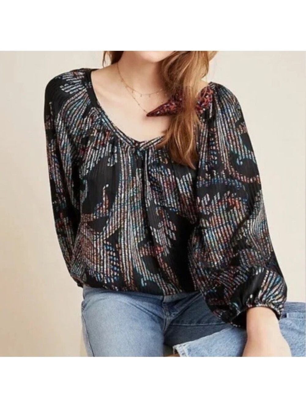 Anthropologie Maeve Madeira Black Satin Shimmer Paisley Floral Blouse size large